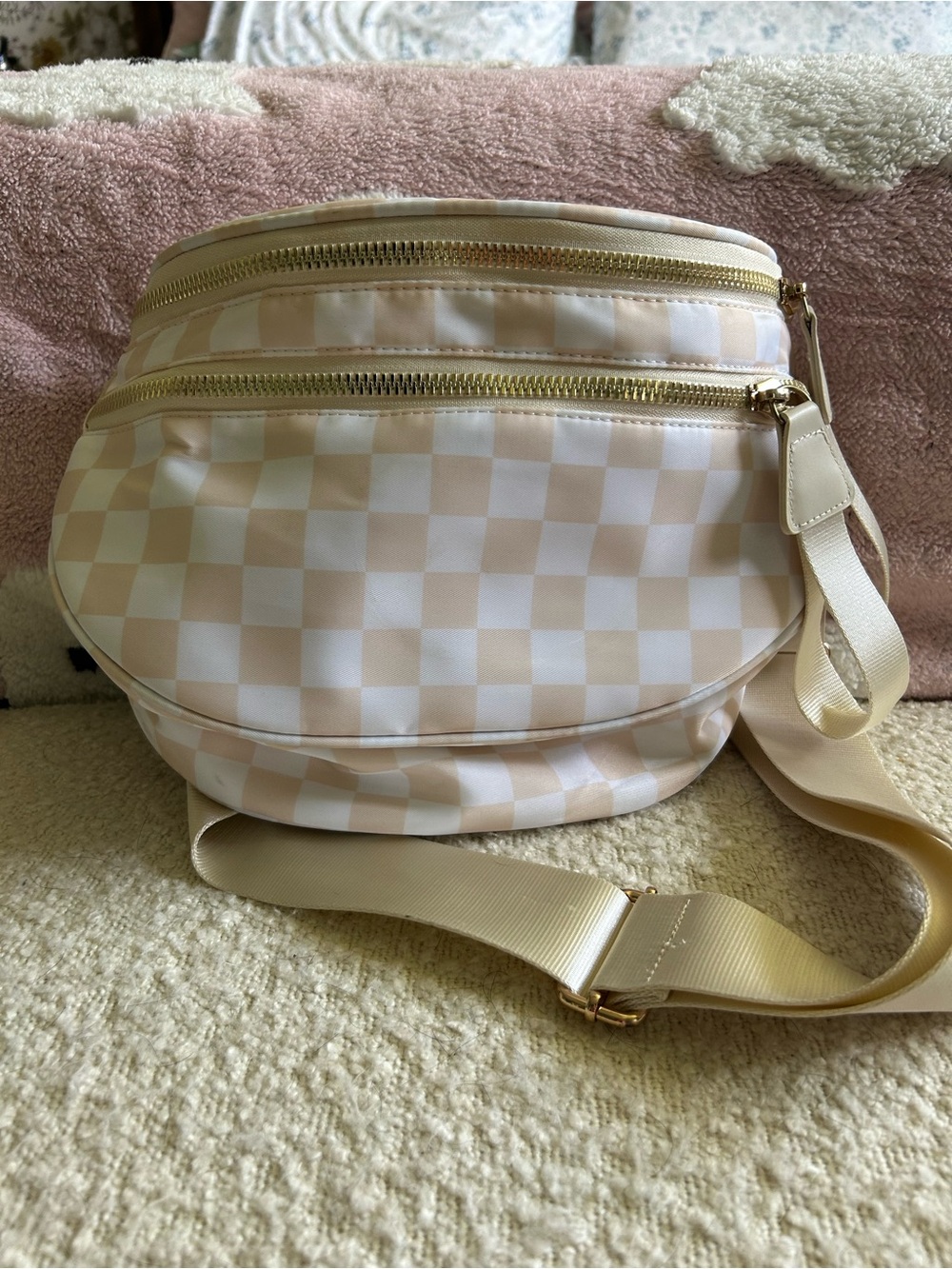 Cream Checkered Crossbody Belt Bag
